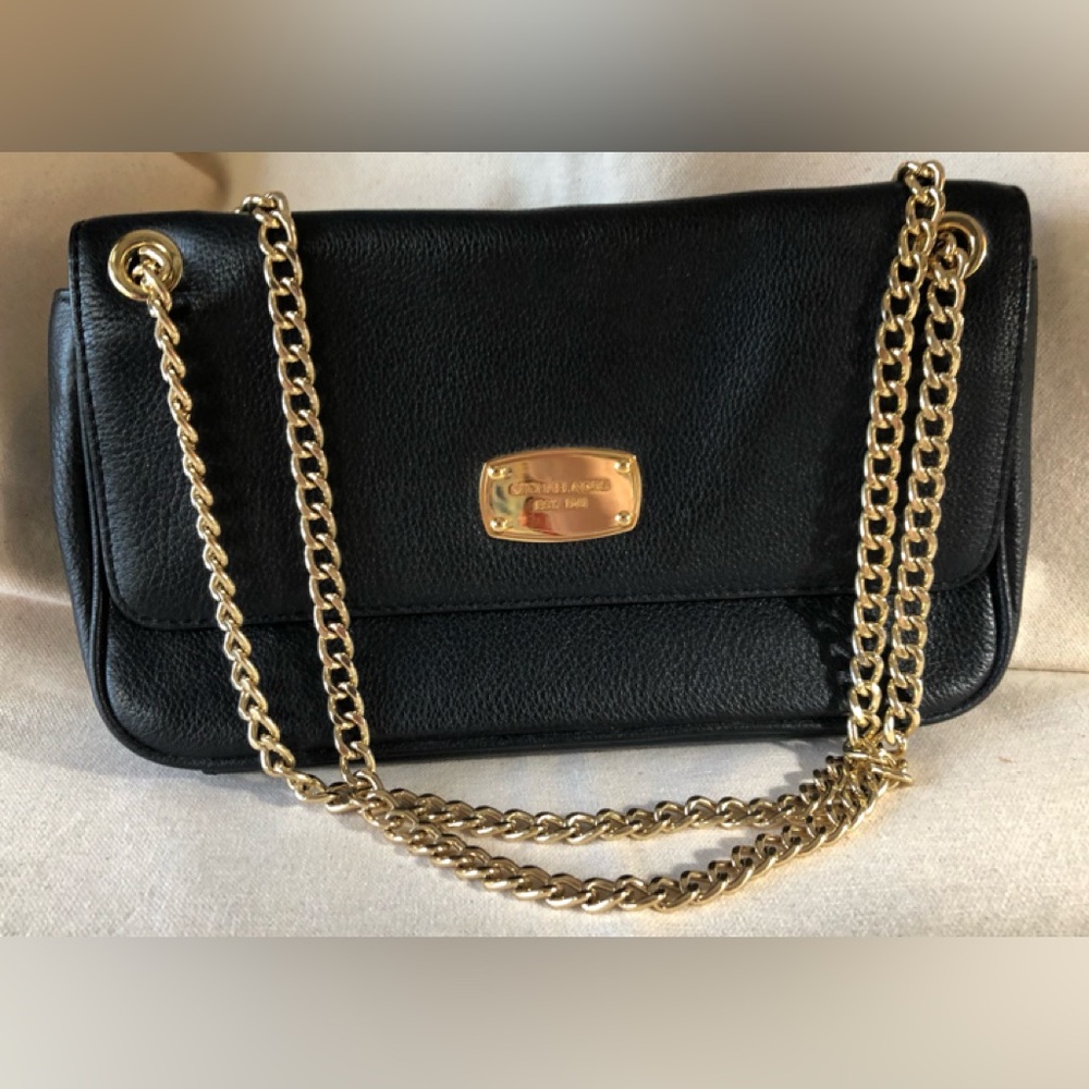 Michael Kors Black Leather Jet Set Evening Bag w/ Gold Chain Strap